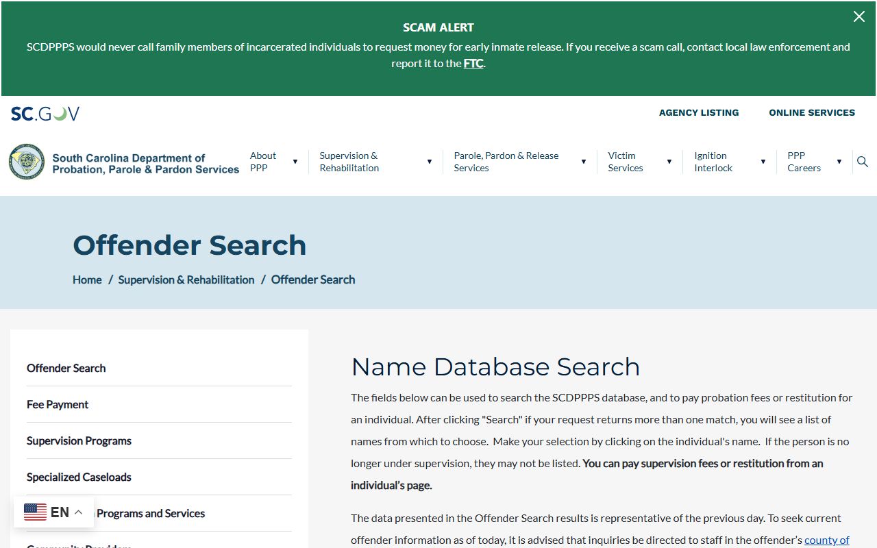 South Carolina offender search portal for probation and parole inmate population records