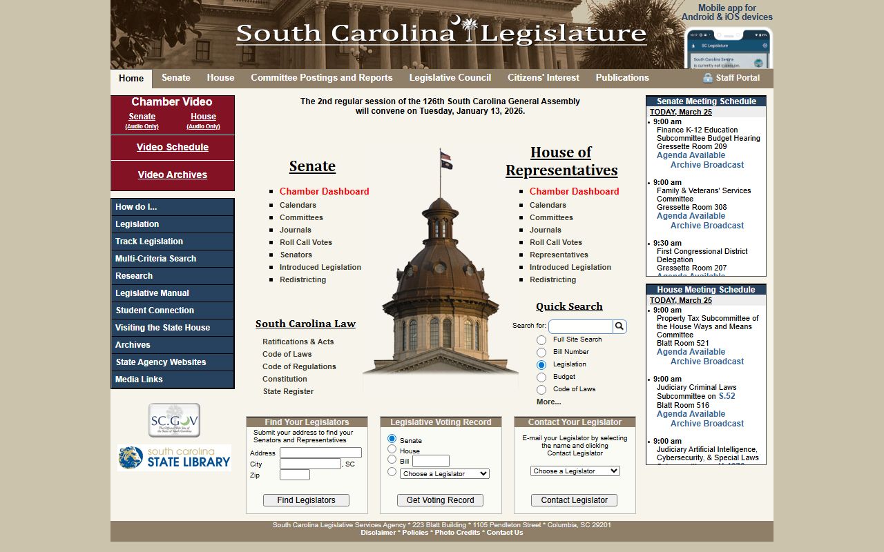 South Carolina State House legislative resources for inmate population laws