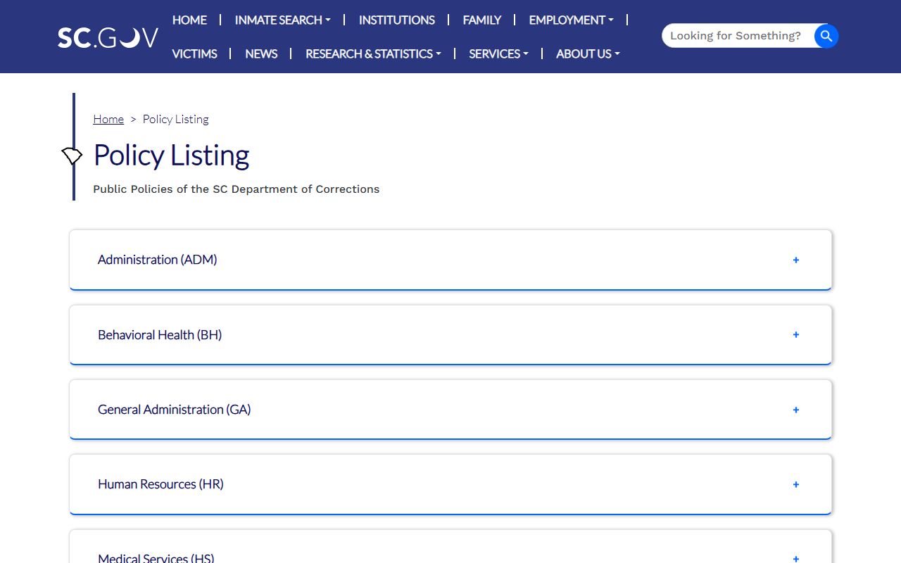SCDC policy listing for South Carolina inmate population management