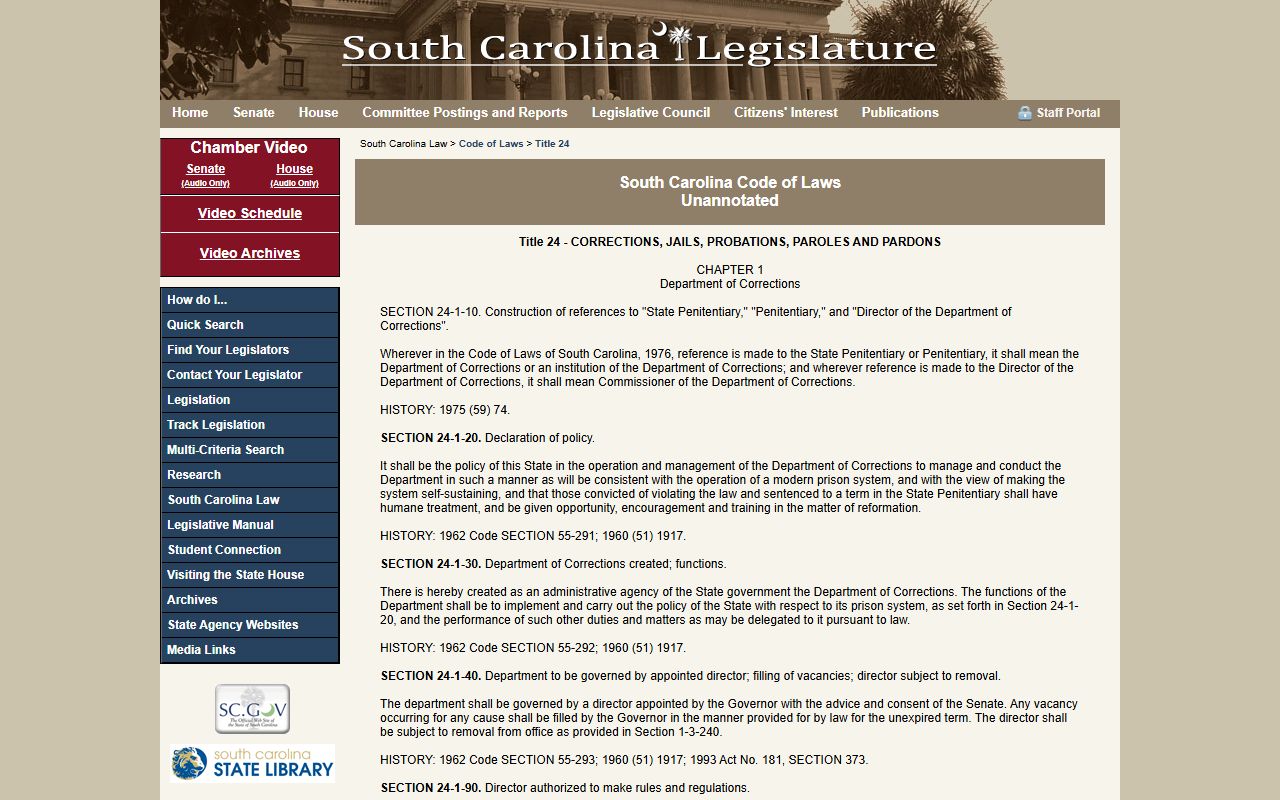 South Carolina corrections chapter laws for inmate population