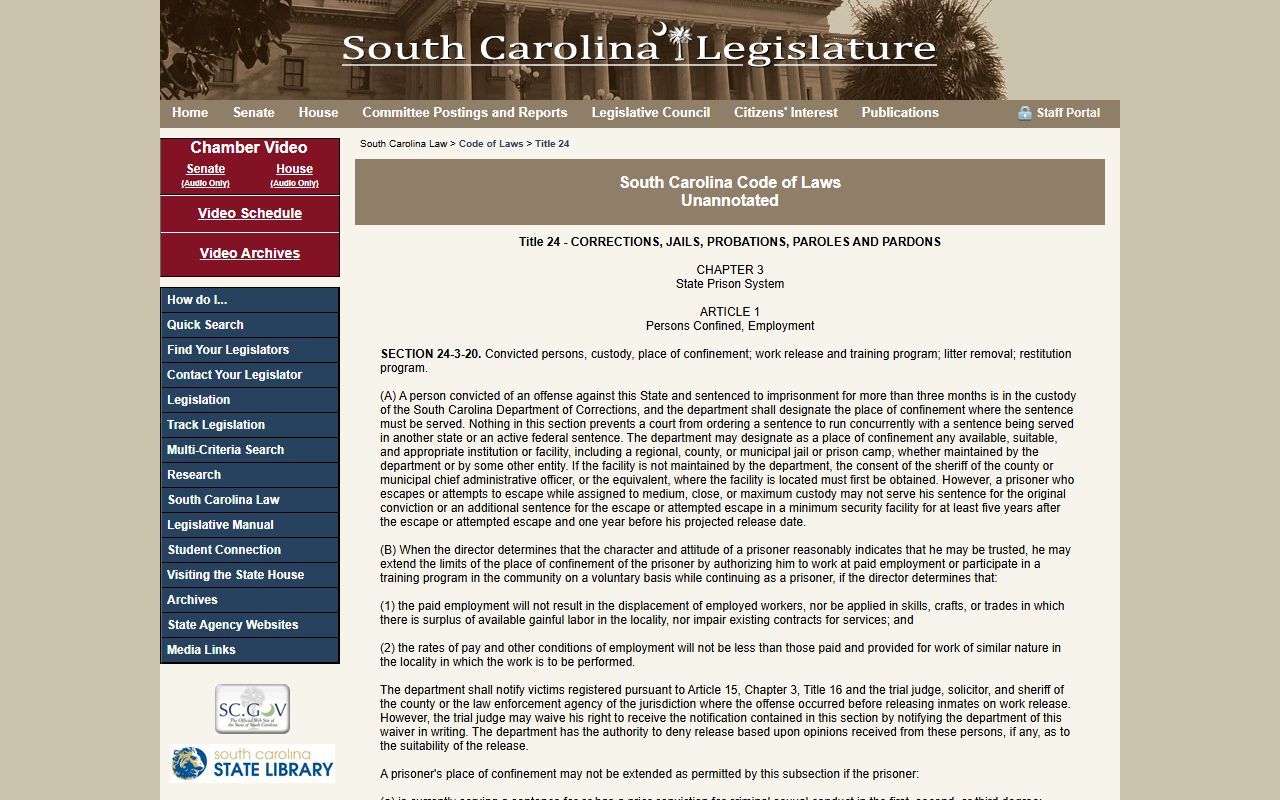 South Carolina prison system laws governing inmate population
