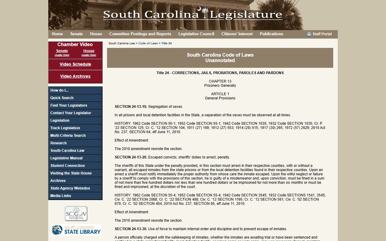 South Carolina prisoners generally statutes for inmate population rights