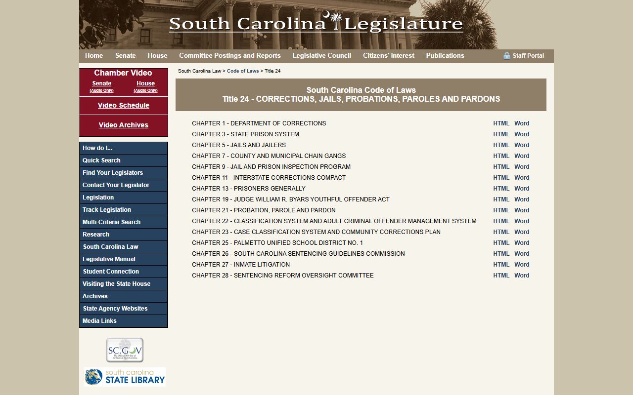 South Carolina state laws Title 24 governing inmate population